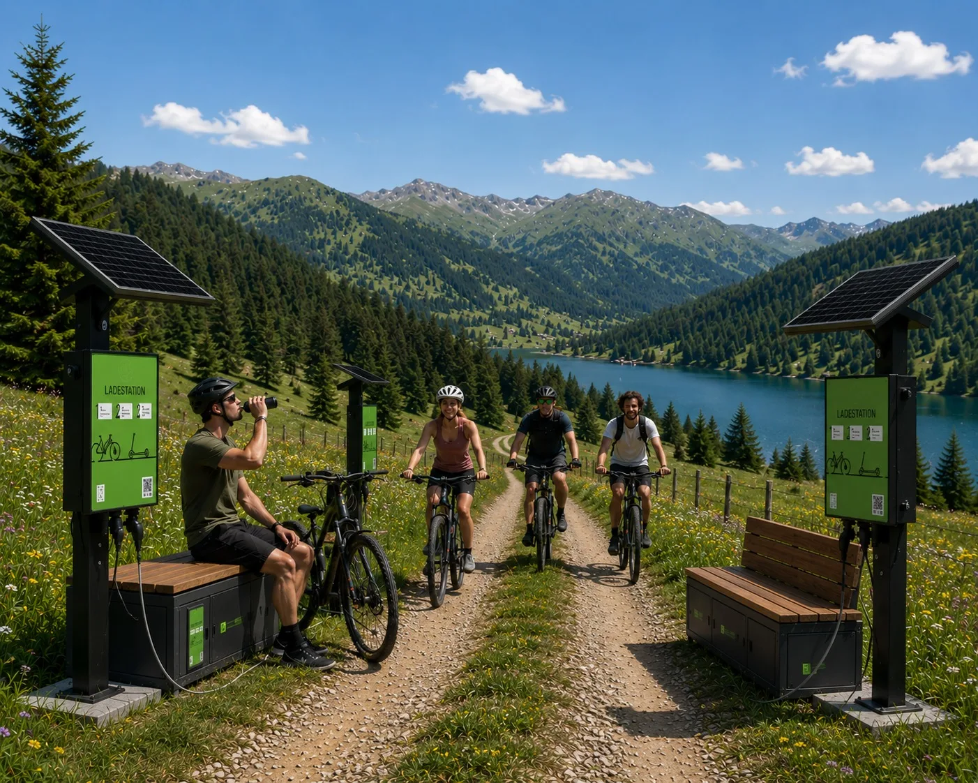 E-Bike-Ladestationen an einem Alpensee mit Radfahrern