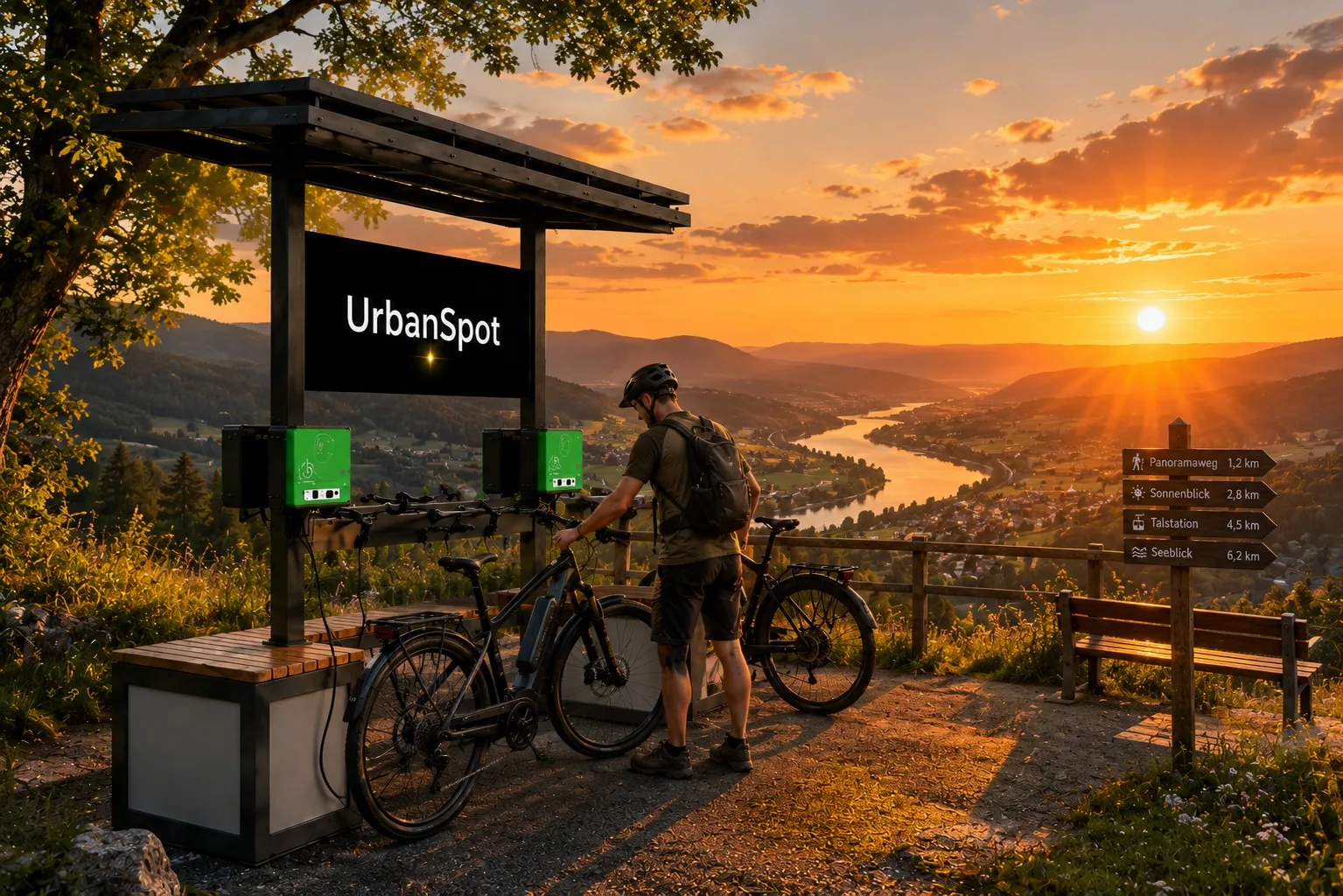 E-Bike-Ladestation an einem Aussichtspunkt im Abendlicht