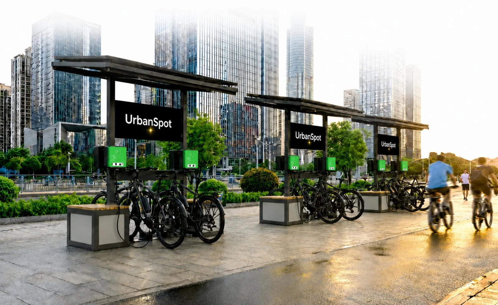 E-Bike-Ladestationen vor der Skyline einer Großstadt