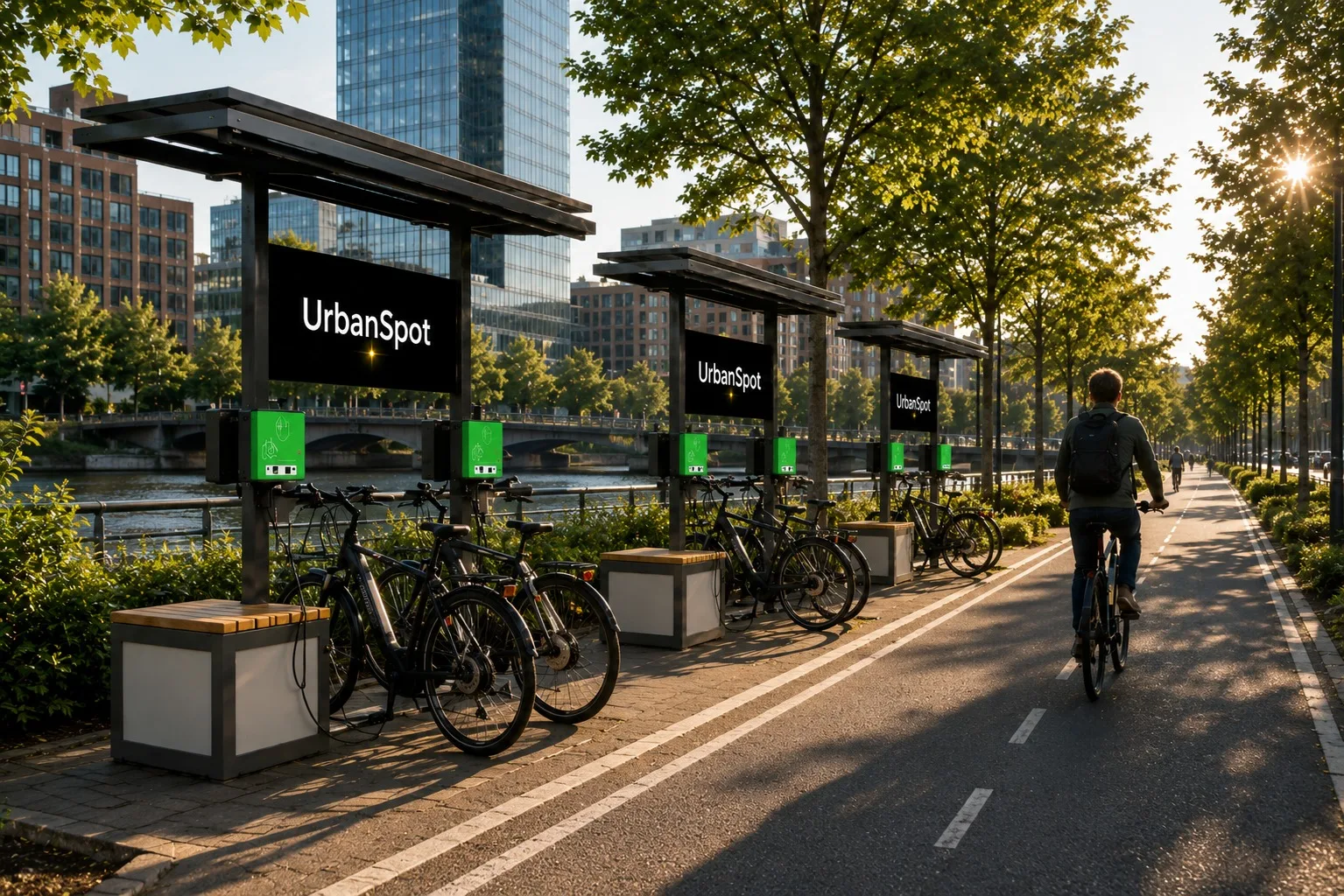 E-Bike-Ladestationen an einem innerstädtischen Radweg